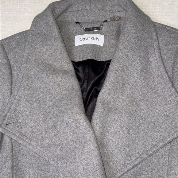 Calvin Klein women’s gray wool-blend wrap coat.